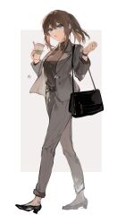  1girl absurdres anzu_(ensemble_stars!) bag black_bag black_shoes blue_eyes breasts brown_hair brown_shirt buttons character_name chinese_commentary commentary_request cup disposable_coffee_cup disposable_cup drink ensemble_stars! etiv full_body grey_jacket grey_pants hair_between_eyes hands_up high_heels highres holding holding_drink index_finger_raised jacket lapels long_sleeves medium_breasts notched_lapels office_lady open_mouth pants ponytail shirt shirt_tucked_in shoes shoulder_bag sidelocks simple_background solo standing watch watch white_background 
