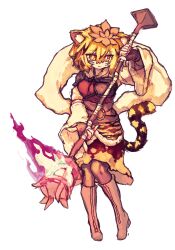  1girl absurdres animal_ear_fluff animal_ears animal_print black_gloves black_hair blonde_hair boots brown_boots brown_pantyhose closed_mouth commentary fingerless_gloves full_body gloves hagoromo highres holding holding_weapon knee_boots korean_commentary long_sleeves looking_at_viewer medium_hair multicolored_hair pantyhose rampa93 shawl simple_background smile solo tail tiger_ears tiger_girl tiger_print tiger_tail toramaru_shou touhou two-tone_hair weapon white_background wide_sleeves yellow_eyes 