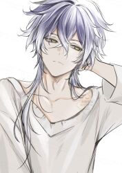  1boy blue_hair closed_mouth commentary_request crossed_bangs double-parted_bangs flins_(genshin_impact) genshin_impact head_on_hand head_tilt highres long_hair long_sleeves looking_to_the_side male_focus necoco112061 shirt solo white_background white_shirt yellow_eyes 
