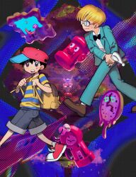  2boys abstract_art_(mother_2) abstract_background aqua_jacket aqua_pants backpack bag black_bow black_hair blonde_hair blue_eyes blue_shorts bow bowl_cut brown_shoes collared_shirt commentary_request dali's_clock enraged_fire_plug gun hat highres holding holding_gun holding_weapon jacket jeff_andonuts male_focus mani_mani_statue moonside mother_(series) mother_2 multiple_boys ness_(mother_2) open_mouth pants red_hat red_shoes robo-pump shirt shoes short_hair shorts sneakers socks striped_clothes striped_shirt sweatdrop user_zpnu2438 violet_eyes weapon white_shirt white_socks 