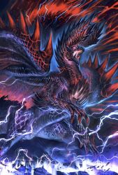  alatreon claws commentary_request dragon electricity glowing glowing_eyes highres horns monster monster_focus monster_hunter_(series) no_humans open_mouth pink_eyes scales sharp_teeth subbaru teeth tusks wings 