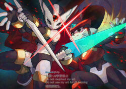  2boys android armor black_eyes blonde_hair cowboy_shot energy_sword fins forehead_jewel head_fins helmet hidden_phantom_(mega_man) holding holding_sword holding_weapon long_hair looking_at_another male_focus mega_man_(series) mega_man_zero_(series) multiple_boys ninja red_armor red_helmet sword twitter_username watermark watermark_grid weapon yamanashi_taiki z_saber zero(z)_(mega_man) zero_(mega_man) 