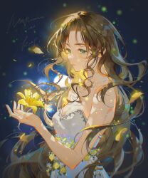  1girl aerith_gainsborough aerith_gainsborough_(white_floral_dress) bare_arms bare_shoulders brown_hair dress dress_flower falling_petals final_fantasy final_fantasy_vii final_fantasy_vii_rebirth final_fantasy_vii_remake flower green_eyes highres holding holding_flower jewelry lily_(flower) long_hair multiple_necklaces necklace official_alternate_costume parted_bangs parted_lips petals rose sidelocks solo song_name strapless strapless_dress tidsean wavy_hair white_dress yellow_flower yellow_petals yellow_rose 