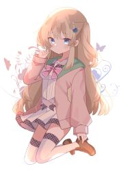  1girl 9-nine- 9ra4ki33 absurdres alternate_hairstyle arm_at_side belt blue_eyes blush bow bowtie brown_hair brown_shoes cardigan clenched_hand closed_mouth commentary dress frown full_body furrowed_brow gear_hair_ornament grey_belt hair_ornament hakusen_academy_school_uniform hand_up highres kneeling kujou_miyako loafers long_hair looking_at_viewer one_side_up open_cardigan open_clothes pink_bow pink_bowtie pink_cardigan ribbon school_uniform shoes short_dress sidelocks simple_background sleeves_past_wrists solo thigh-highs very_long_hair white_background white_dress white_ribbon white_thighhighs wing_hair_ornament zettai_ryouiki 
