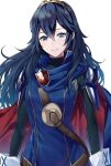  1girl ameno_(a_meno0) belt blue_eyes blue_hair brown_belt cape closed_mouth fire_emblem fire_emblem_awakening hair_between_eyes long_hair looking_at_viewer lucina_(fire_emblem) mismatched_pupils simple_background smile solo symbol-shaped_pupils tiara 