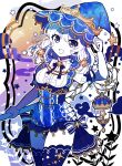  1girl blue_eyes blue_ribbon blue_thighhighs corset elina_(e2n04n) frills hat holding holding_staff original ribbon solo staff star_(symbol) thigh-highs white_hair witch_hat 