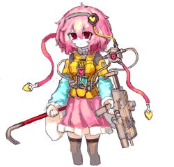  1girl absurdres armor black_hairband black_thighhighs blue_shirt closed_mouth commentary crowbar eyeball gun hair_ornament hairband half-life_(series) heart heart-shaped_pupils heart_hair_ornament highres holding holding_crowbar holding_gun holding_weapon komeiji_satori korean_commentary long_sleeves looking_at_viewer pink_hair pink_skirt power_armor rampa93 red_eyes shirt simple_background skirt solo symbol-shaped_pupils thigh-highs third_eye touhou weapon white_background wide_sleeves 