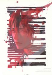  1boy black_hair blackout_poetry blood blue_eyes bluesky_username chainsaw_man closed_mouth collared_shirt english_text hair_between_eyes hashtag-only_commentary hayakawa_aki lips looking_at_viewer male_focus redaction seagnalis shirt short_hair twitter_username white_shirt 