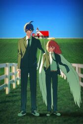  2boys absurdres amputee angel_devil_(chainsaw_man) black_jacket black_necktie black_pants black_suit blue_eyes blue_hair blue_sky chainsaw_man closed_mouth fence full_body grass hair_between_eyes halo hayakawa_aki highres jacket lapels long_hair long_sleeves male_focus multiple_boys necktie notched_lapels open_clothes open_jacket outdoors p_(flavorppp) pants photo_background picket_fence ponytail red_eyes red_hair short_hair short_ponytail sky standing straight-on suit wooden_fence yellow_halo 