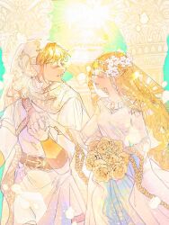  1boy 1girl blonde_hair blunt_bangs bouquet breasts closed_eyes commentary couple cowboy_shot dress falling_petals flower gold_trim hair_flower hair_ornament hair_ribbon hat hetero highres holding holding_bouquet holding_hands husband_and_wife link long_hair medium_breasts parted_lips petals phrygian_cap princess_zelda ribbon seusojeldaleul-wihaejug-eum short_hair sidelocks smile the_legend_of_zelda the_legend_of_zelda:_skyward_sword tunic untranslatable_commentary wedding wedding_dress white_dress white_flower white_hat white_petals white_ribbon white_tunic wide_sleeves 