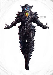  1boy alien artist_name black_skin blue_eyes colored_skin full_body giant giant_monster glowing glowing_eyes k-suwabe kaiju looking_at_viewer mephilas_seijin no_humans no_pupils outstretched_arms redesign shoulder_spikes simple_background solo spikes spread_arms tokusatsu ultra_series ultraman_(1st_series) white_background 