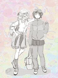  2girls absurdres arm_on_another's_shoulder backpack bag bag_charm candy character_charm charm_(object) closed_eyes clothes_around_waist dated dress_shirt flat_chest food full_body greyscale_with_colored_background hand_on_own_hip hashtag-only_commentary highres holding holding_bag holding_candy holding_food holding_lollipop jacket leaning_on_person lollipop long_sleeves medium_hair miniskirt multiple_girls octagonal_eyewear outline oyasumikk pants pants_under_skirt parted_lips ponytail sanyati_(star_fetchers) school_bag shirt shoes short_ponytail signature sketch skirt sleeves_past_wrists sleeves_rolled_up socks standing star_fetchers sweater sweater_around_waist talking uwabaki v-shaped_eyebrows white_outline zambezi_(star_fetchers) 