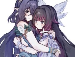  2girls arm_ribbon bare_shoulders black_hair blunt_bangs blush bow bracelet bright_pupils columbina_(genshin_impact) flower genshin_impact gold_trim hair_between_eyes hair_ornament hair_ribbon hashtag-only_commentary highres hug jewelry lauma_(genshin_impact) leaf long_hair looking_at_another multiple_girls pink_hair pointy_ears ribbon white_background white_bow white_flower white_pupils white_ribbon wing_hair_ornament yuno06144 