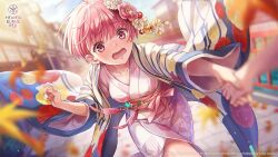  1girl 1other ahoge autumn autumn_leaves blunt_bangs blurry blurry_background blush commentary copyright_logo copyright_notice cowboy_shot day depth_of_field downturned_eyes dutch_angle english_commentary eyelashes eyes_visible_through_hair fingernails floating_clothes floral_print floral_print_kimono flower glint hair_flower hair_ornament hand_up heaven_burns_red highres holding_hands japanese_clothes kanzashi kimono layered_kimono leaf logo long_sleeves looking_at_viewer maple_leaf official_alternate_costume official_art official_wallpaper ooshima_minori ooshima_minori_(soigne_maiden) open_clothes open_kimono open_mouth outdoors outstretched_arm perspective pink_eyes pink_flower pink_hair pink_kimono pink_sash print_kimono sash short_hair sidelighting solo_focus sweatdrop tassel white_flower white_kimono wide_sleeves 