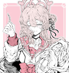  1girl absurdres blue_archive blush braid bun_with_braided_base commentary_request hair_bun halo high_collar highres holding holding_needle holding_unworn_clothes lightningace long_hair mimori_(blue_archive) mixed-language_commentary needle one_eye_closed parted_lips partially_colored pink_hair pink_halo pink_sailor_collar pink_skirt sailor_collar shirt single_side_bun skirt smile solo 