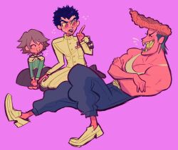  3boys armband black_armband crossdressing crossdressing_(mtf) danganronpa:_trigger_happy_havoc danganronpa_(series) fujisaki_chihiro hunie_(huniedham) implied_yaoi ishimaru_kiyotaka multiple_boys muscular muscular_male owada_mondo pink_background pompadour red_eyes school_uniform sharp_teeth short_hair sitting tank_top teeth third-party_source trap white_tank_top 