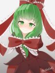  1girl absurdres bow commission dress frilled_bow frilled_ribbon frills front_ponytail green_eyes green_hair hair_bow hair_ribbon highres kagiyama_hina looking_at_viewer msdk red_dress ribbon skeb_commission smile solo touhou twitter_username 