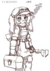  1girl absurdres alternate_costume cigarette commentary fingerless_gloves gloves goggles goggles_on_headwear greyscale hair_bobbles hair_ornament hat highres holding holding_wrench kawashiro_nitori korean_commentary korean_text monochrome overalls rampa93 shirt skirt smoking solo touhou translation_request two_side_up wrench 