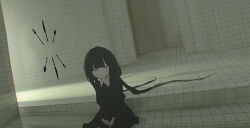  1girl absurdres black_dress blunt_bangs closed_mouth dot_mouth dress hair_spread_out highres inabakumori liminal_space long_hair long_sleeves looking_at_viewer osage_(nukunuku_nigirimeshi) sitting sitting_on_stairs solo stairs tanao_(user_vveu4277) tile_floor tile_wall tiles very_long_hair 