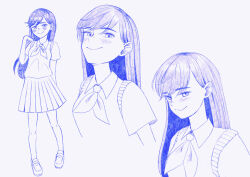  1girl absurdres blush closed_mouth collared_shirt commentary_request hair_between_eyes highres long_hair mari_(headspace)_(omori) mari_(omori) monochrome msdnno_kabe omori pleated_skirt purple_theme shirt shoes short_sleeves simple_background skirt smile solo sweater_vest 