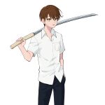  1boy black_pants breast_pocket brown_eyes brown_hair commentary_request eyebrows_hidden_by_hair hand_in_pocket highres holding holding_sword holding_weapon male_focus original pants pocket shirt simple_background solo sword untucked_shirt weapon white_background white_shirt yonchi 