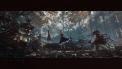  3girls absurdres aged_up ahoge alternate_hair_length alternate_hairstyle architecture ascot autumn_leaves bandaze black_hair black_shoes black_skirt black_vest blonde_hair bow brown_hair commentary_request dappled_sunlight day detached_sleeves east_asian_architecture ex-rumia fern flats forest frilled_bow frills hair_bow hair_tubes hakurei_reimu highres leaf letterboxed long_hair long_sleeves looking_at_another moss motion_blur multiple_girls nature no_socks osana_reimu outdoors pantyhose path red_bow red_shoes red_skirt ribbon-trimmed_sleeves ribbon_trim rock rope rumia running scenery sendai_hakurei_no_miko sendai_hakurei_no_miko_(osana_reimu) shirt shoes sidelocks skirt skirt_set stairs standing stone_lantern sunlight torii touhou tree very_long_hair vest white_pantyhose white_shirt white_sleeves wide_sleeves yellow_ascot 