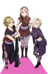  3girls adjusting_clothes adjusting_gloves arm_behind_back armor bandaged_leg bandages black_boots black_dress black_gloves blonde_hair blue_eyes boots breastplate breasts closed_mouth commentary cropped_jacket dress facial_mark fishnets forehead_mark full_body gloves green_eyes hair_between_eyes hair_over_one_eye hairband haruno_sakura highres holding holding_weapon jacket large_breasts long_dress long_hair looking_at_viewer medium_breasts midriff multiple_girls naruto_(series) naruto_shippuuden open-toe_boots pink_hair ponytail purple_jacket purple_skirt red_hairband red_shirt sayaendou0426 shirt short_hair side_slit skirt smile temari_(naruto) thigh-highs untranslatable_commentary weapon white_background white_thighhighs yamanaka_ino 