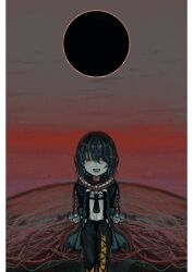  1boy black_coat black_necktie black_pants black_sun border coat commentary cowboy_shot earrings gradient_sky hair_between_eyes highres hoop_earrings jewelry l3memc358 looking_at_viewer male_focus mashiro_meme mashiro_meme_(1st_costume) necktie nijisanji open_clothes open_coat open_mouth pants red_scarf safety_pin_hair_ornament scarf shirt shirt_tucked_in short_hair sky smile solo standing sun two_side_up untranslatable_commentary virtual_youtuber white_border white_shirt 