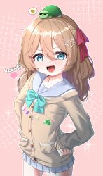  1girl 1other absurdres blue_eyes brown_hair cardigan commentary cowboy_shot emoji english_text hair_ornament hair_ribbon hands_on_own_hips heart heart_hair_ornament highres long_hair long_sleeves looking_at_viewer mayou940114 miniskirt neuro-sama open_mouth petite pocket ribbon sailor_collar skirt sleeves_past_wrists speech_bubble sticker sticker_on_clothes sunglasses sunglasses_emoji turtle vedal_ai virtual_youtuber 