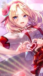  1girl belt black_ribbon blonde_hair blurry blurry_background blush bow bowtie brown_belt buttons clothes_lift commentary confetti copyright_logo copyright_notice cowboy_shot dancing double-breasted dutch_angle embarrassed english_commentary eyelashes eyes_visible_through_hair floating_hair flower four-finger_heart_hands frilled_skirt frills frown hair_flower hair_ornament hair_ribbon hairband hairclip heart heart_hands heart_in_heart_hands heaven_burns_red high-waist_skirt highres idol idol_clothes light_particles logo looking_at_viewer medium_hair minase_ichigo minase_ichigo_(knockout_showstopper) official_alternate_costume official_art official_wallpaper open_mouth parallel_hairclips parted_bangs red_flower red_hairband red_ribbon red_rose red_skirt ribbon rose shirt short_sleeves skirt skirt_lift solo sparkle stage standing straight_hair striped_bow striped_bowtie striped_clothes suspender_skirt suspenders v-shaped_eyebrows violet_eyes white_shirt wind wind_lift 