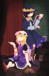  absurdres alternate_costume ankle_socks artist_name belt black_shirt black_skirt black_socks blonde_hair blue_boots blue_capelet blue_hat blue_skirt book boots bow calculus capelet card chalkboard commentary contrast_collar crescent crescent_pin crossed_legs curtains cyanaqua disembodied_eye english_commentary equation flower full_body gap_(touhou) gloves hair_over_one_eye hand_on_floor hat hat_bow hat_flower hat_ornament highres holding holding_book kneehighs long_hair long_sleeves maribel_hearn math medium_hair mob_cap neck_ribbon one_eye_covered playing_card purple_hair purple_vest red_eyes red_shoes ribbon shirt shoes short_sleeves sitting skirt smile socks standing star_(symbol) star_hat_ornament touhou trigonometry ursa_major_(constellation) usami_renko vest white_gloves white_hat white_shirt white_socks wooden_floor yellow_bow yellow_eyes 