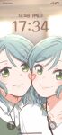  2girls absurdres aqua_hair bang_dream! bow braid fake_phone_screenshot fake_screenshot green_eyes hair_bow heads_together heart highres hikawa_hina hikawa_sayo incest jewelry looking_at_viewer medium_hair multiple_girls necklace selfie shirt siblings signature sisters smile timestamp twin_braids twincest twins user_interface white_shirt xin_(blueramen) yuri 