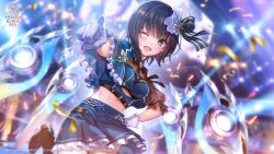  1girl ;d aoi_erika aoi_erika_(brilliant_ultimate_idol) aqua_eyes black_boots black_bow black_bowtie black_hair blue_ribbon blue_shirt blue_skirt blurry blurry_background blush boots bow bowtie breasts chain clothes_lift commentary confetti copyright_logo copyright_notice cowboy_shot crop_top dutch_angle english_commentary eyelashes frilled_skirt frills glint gloves hair_between_eyes hair_ribbon hand_on_own_hip happy heaven_burns_red highres idol idol_clothes index_finger_raised logo looking_at_viewer medium_breasts medium_hair midriff miniskirt official_alternate_costume official_art official_wallpaper one_eye_closed open_mouth outstretched_arm pointing pointing_at_viewer ribbon shirt skirt skirt_lift smile solo sparkle stage standing standing_on_one_leg upskirt white_gloves wind wind_lift wolf_cut 