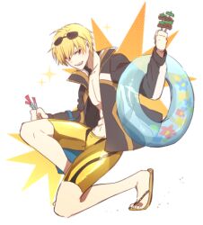  1boy abs blonde_hair choco_taberusan commentary_request eyewear_on_head fate/grand_order fate_(series) full_body gilgamesh_(fate) gilgamesh_(praise_my_charming_beauty)_(fate) gold_shorts innertube lowres male_focus male_swimwear pectorals red_eyes short_hair solo sparkle sunglasses swim_ring swim_trunks toned toned_male 