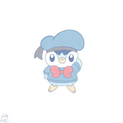  black_eyes blue_shirt bow bowtie clothed_pokemon commentary_request cosplay disney donald_duck donald_duck_(cosplay) frown full_body highres mochimaro_(infj_oekaki) no_humans piplup pokemon pokemon_(creature) red_bow red_bowtie shirt simple_background solo 