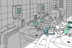  1girl absurdres commentary different_reflection electric_guitar greyscale guitar hand_dryer highres indoors instrument kaduise looking_back mirror monochrome original oversized_clothes oversized_shirt reflection shirt short_hair signature single_off_shoulder sink sitting soap_dispenser spot_color 