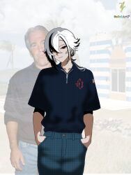  american_flag arlecchino_(genshin_impact) black_eyes black_hair blue_shirt cross-shaped_pupils denim genshin_impact hand_in_pocket head_tilt highres island jeans jeffrey_epstein light_smile m0r14rt7 meme multicolored_hair pale_skin pants photo_background real_life red_pupils shirt smile symbol-shaped_pupils temple two-tone_hair white_hair 