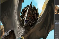  character_request dragon dragon_horns glowing glowing_eyes green_eyes horns monster monster_focus monster_hunter_(series) open_mouth single_horn subbaru teeth 