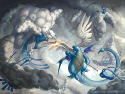  altaria alternate_color beak clash claws clouds dragonite feathers fighting flying head_wings highres holding holding_polearm holding_sword holding_weapon horns lightning mega_altaria mega_dragonite mega_pokemon midair open_mouth patsu_x pokemon pokemon_(creature) polearm shiny_pokemon single_horn spear sword tail talons very_long_tail weapon white_feathers wings 