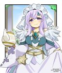  amulet cup fire_emblem fire_emblem:_genealogy_of_the_holy_war holding holding_cup julia_(fire_emblem) long_hair maid maid_headdress official_alternate_costume purple_hair smile teacup very_long_hair violet_eyes yukia_(firstaid0) 