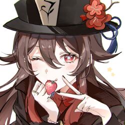  1girl :p bead_bracelet beads black_hat black_jacket black_nails bracelet brown_hair flower flower-shaped_pupils food fruit genshin_impact gradient_hair hair_between_eyes hair_flaps hat hat_flower highres hu_tao_(genshin_impact) jacket jewelry licking_lips light_blush looking_at_viewer multicolored_hair multiple_rings nail_polish one_eye_closed portrait red_eyes red_flower red_shirt ring shirt simple_background solo sparkle star_(symbol) strawberry symbol-shaped_pupils tongue tongue_out v white_background yayu_yyo430 yellow_star 
