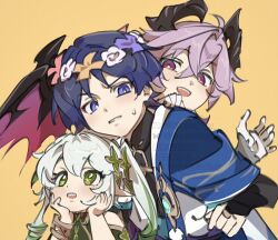  1girl 2boys 6tepe_v_v ahoge alternate_headwear armlet armor artistic_error asymmetrical_sidelocks behind_another black_bodysuit black_horns blue_cape blue_gem blue_kimono bluesky_logo bluesky_username blunt_ends blush bodysuit bracelet bright_pupils cape choppy_bangs clenched_hand commentary covered_collarbone cross-shaped_pupils crossed_bangs detached_sleeves dragon_boy dragon_horns dragon_wings durin_(genshin_impact) eyelashes eyeliner flower flower_wreath furisode gem genshin_impact gloves gold gold_ring gold_trim green_eyes green_hair green_sleeves grey_background hair_between_eyes hair_ornament hand_on_another's_back hands_on_own_face heart heart_hair_ornament height_difference horns japanese_armor japanese_clothes jewelry juban kimono kote kurokote leaf leaf_hair_ornament leaning_forward long_hair looking_at_another makeup mandarin_collar middle_ring multiple_boys nahida_(genshin_impact) open_clothes open_hand open_kimono open_mouth parted_lips pink_flower pink_hair pink_wings pom_pom_(clothes) purple_flower purple_hair purple_sash red_eyeliner red_eyes sash scaramouche_(genshin_impact) side_ponytail sidelocks sweatdrop symbol-shaped_pupils tareme teeth tsurime twitter_username twitter_x_logo untranslatable_commentary upper_teeth_only violet_eyes vision_(genshin_impact) wanderer_(genshin_impact) watermark white_flower white_gloves white_hair white_kimono white_mouth white_pupils wings yellow_background yellow_flower yellow_pupils 