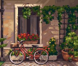  bicycle bicycle_basket flower highres no_humans original pixel_art plant potted_plant red_flower scenery scilex vines window windowsill 
