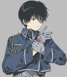  1boy adjusting_clothes adjusting_gloves black_eyes black_hair blue_jacket closed_mouth frown fullmetal_alchemist gloves grey_background grey_trim hair_between_eyes jacket male_focus military_jacket military_uniform nishiki_niji roy_mustang short_hair solo upper_body white_gloves 