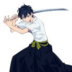  1boy black_hair blue_eyes collared_shirt commentary_request expressionless fighting_stance hakama hakama_skirt highres holding holding_sword holding_weapon japanese_clothes male_focus original shirt skirt solo sword weapon white_shirt yonchi 