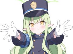  1girl :< \||/ armband black_hat black_jacket blue_archive blue_armband blush buttons chinese_commentary closed_mouth commentary_request double-breasted earrings eyes_visible_through_hair gloves gold_earrings green_hair green_halo hair_between_eyes halo hat head_tilt highres hikari_(blue_archive) incoming_hug jacket jewelry jyt long_hair long_sidelocks long_sleeves looking_at_viewer open_hands partial_commentary peaked_cap pointy_ears reaching reaching_towards_viewer sidelocks simple_background solo straight-on upper_body v-shaped_eyebrows white_background white_gloves yellow_eyes 