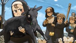  5girls :< :o angry baby_animal bare_tree baseball_bat bible_(object) bird blonde_hair blue_eyes brown_eyes brown_hair burger chicken closed_eyes clumsy_nun_(diva) diva_(hyxpk) duck duckling english_commentary eyewear_on_head food froggy_nun_(diva) glasses glasses_nun_(diva) goat hedgehog helmet highres hungry_nun_(diva) little_nuns_(diva) multiple_girls nun round_eyewear shaded_face squinting star_nun_(diva) star_ornament traditional_nun tree 