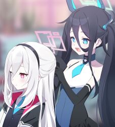  2girls absurdres adjusting_another's_hair aris_(armed)_(blue_archive) aris_(blue_archive) black_hair black_hairband blue_archive blue_eyes blue_halo commentary_request hair_between_eyes hairband halo highres kei_(blue_archive) kei_(new_body)_(blue_archive) long_hair looking_at_another multiple_girls open_mouth pink_eyes pink_halo pn_(wnsl216) white_hair 