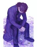  1boy black_footwear black_pants black_shirt brown_hair closed_eyes closed_mouth coat cross cross_necklace facing_down fate/stay_night fate_(series) flower hal_(haaaalhal) highres hydrangea jewelry kotomine_kirei long_sleeves looking_down male_focus necklace pants purple_coat shirt short_hair signature sitting solo 