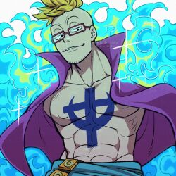  1boy abs absurdres beard_stubble blonde_hair blue_sash chest_tattoo commentary_request facial_hair glasses highres kageimo looking_to_the_side male_focus marco_(one_piece) one_piece open_clothes open_shirt purple_shirt sash shirt short_hair simple_background smile solo sparkle stubble tattoo white_background 